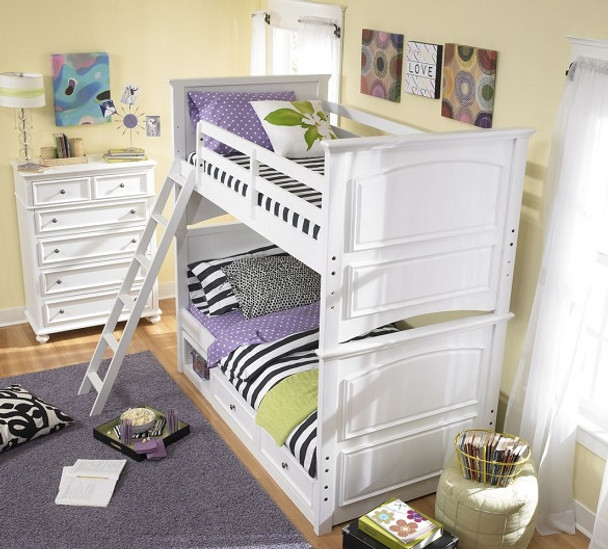 Daphne White Twin Bunk Beds for Girls shown with Optional Set of 2 Under Bed Storage Drawers Room
