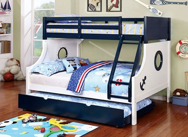 SS Ulysses Twin over Full Bunk Bed shown with Optional Blue Twin Trundle Room