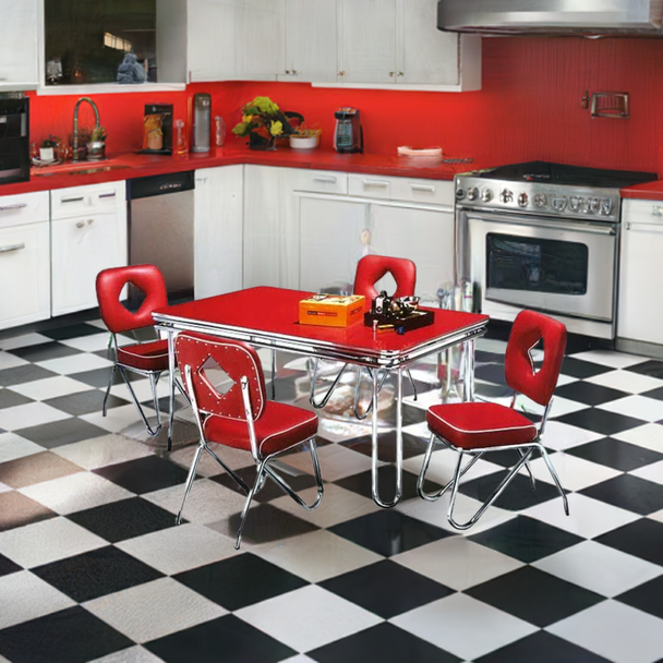 Hit Parade 1950s Formica Kitchen Table and Chairs shown with Cola Red Formica Top and Baron Red Vinyl Chairs in Retro-Style Kitchen