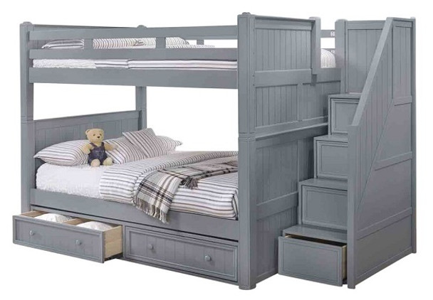 Moreno Grey Full over Full Bunk Beds with Stairs shown with Optional Set of 2 Underbed Storage Drawers