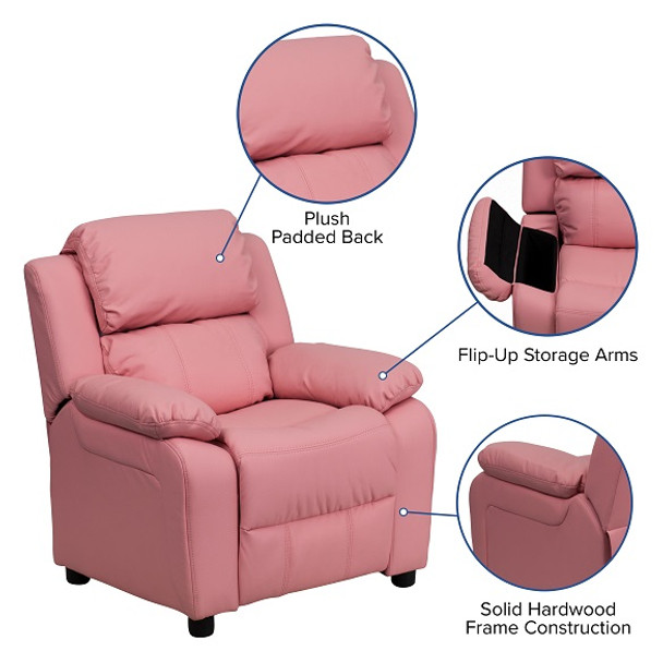 Kids Recliner Vinyl with Storage Arms Pink Kids Recliner Vinyl with Storage Arms Pink