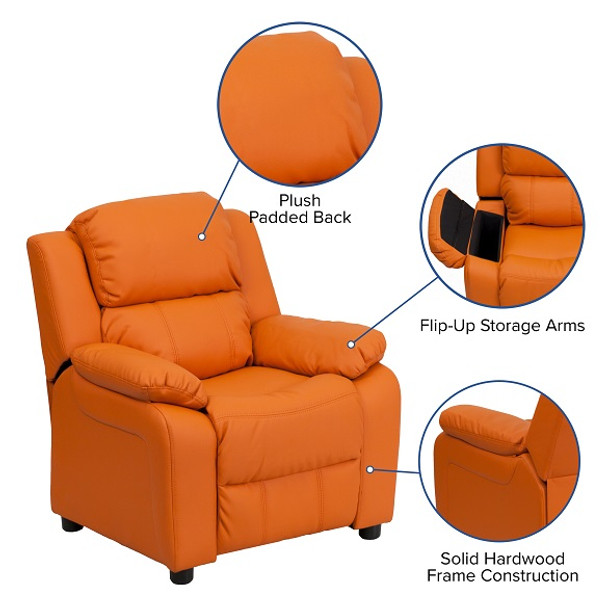 Kids Recliner Vinyl with Storage Arms Orange Kids Recliner Vinyl with Storage Arms Orange