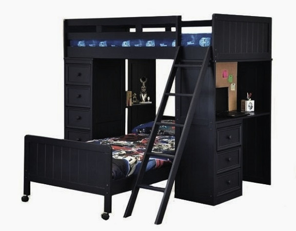 Eberhardt Black Twin Loft Bed with Desk and Storage shown with Optional Twin Bottom Bed on Casters