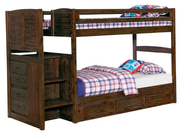 Wilder Sandwashed Cocoa Twin Bunk Beds with Stairs shown with Set of 3 Underbed Storage Drawers