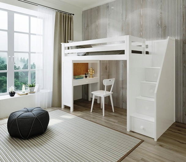 Anaya White Twin Loft Bed with Stairs and Desk Angled View Room