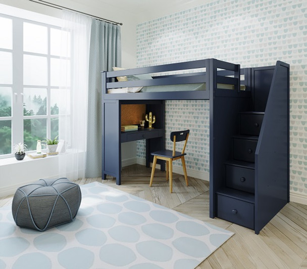 Braxton Blue Twin Loft Bed with Stairs and Desk Angled View Room