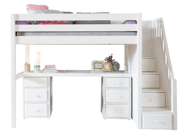 Haylee White Twin Loft Bed with Stairs and Desk