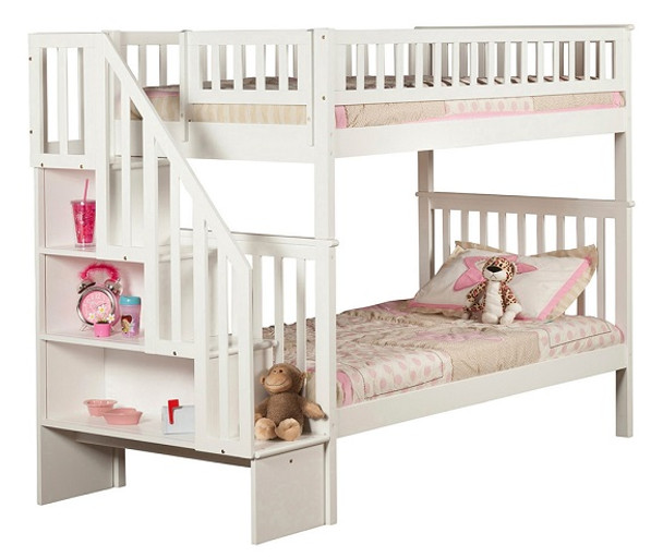 Natalie Marie White Twin Size Kids Bunk Beds with Stairs