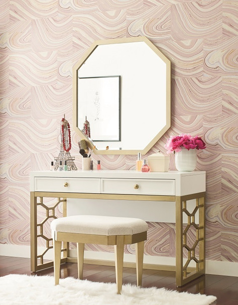 Antoinette White and Gold Makeup Vanity shown with Optional Gold Mirror and Gold Stool Room