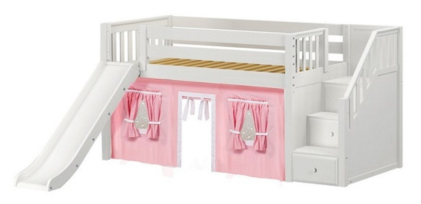 Decorah White Twin Fort Girls Low Loft Bed with Stairs