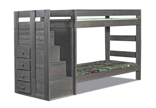 Tribeca Distressed Walnut Twin Bunk Beds with Steps-Wooden Knobs
