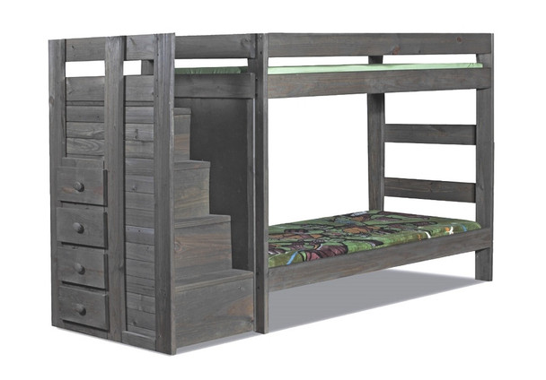 Tribeca Distressed Walnut Twin XL Bunk Bed with Steps-Wooden Knobs