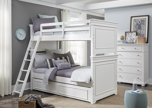 Selena White Twin Bunk Beds shown with Optional Twin Storage Trundle Room