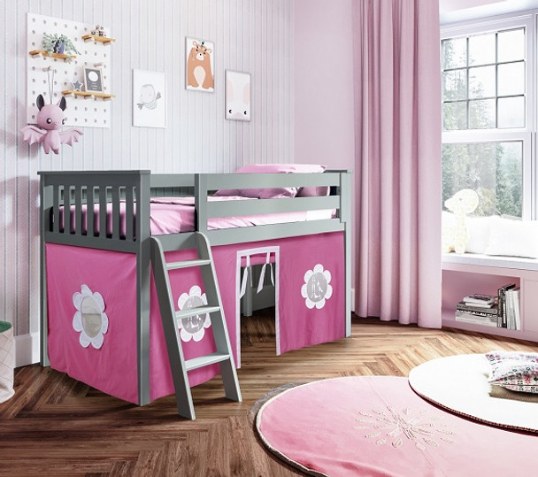 Turin Gray Loft Beds for Kids shown with Hot Pink and White Curtains Room