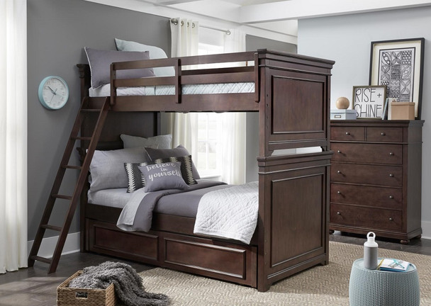 Finn Brown Cherry Twin Bunk Beds shown with Optional Twin Storage Trundle Room