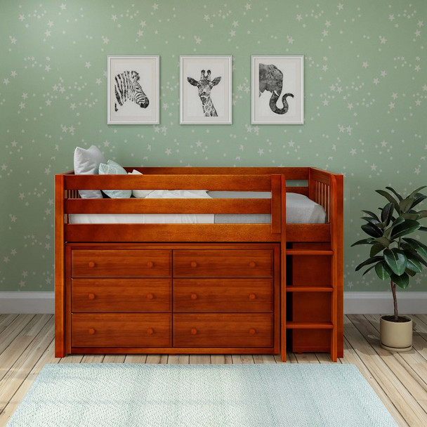 Caleb's Chestnut Low Loft Bed with Storage Front View Room