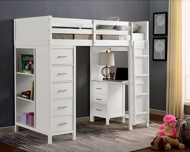 Haley White Loft Bed with Desk and Storage Room