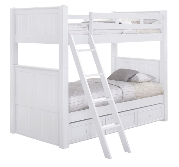 Beatrice White Twin XL Bunk Beds shown with Optional Twin XL Storage Trundle