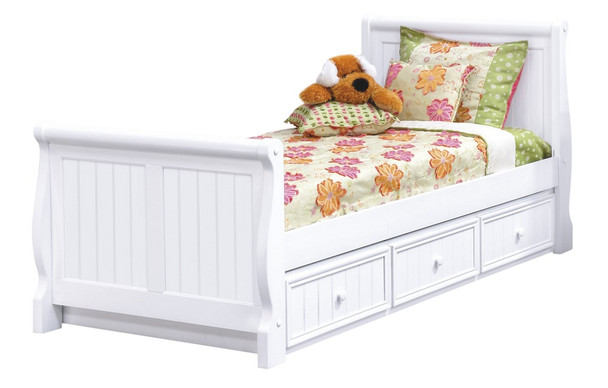 Beatrice White Twin Sleigh Bed shown with Optional Twin Storage Trundle