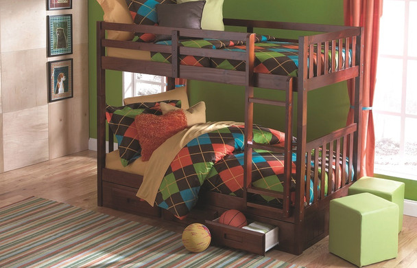 Ferguson Brown Cherry Twin over Twin Bunk Beds shown with Optional Storage Drawers Right Angled View Room
