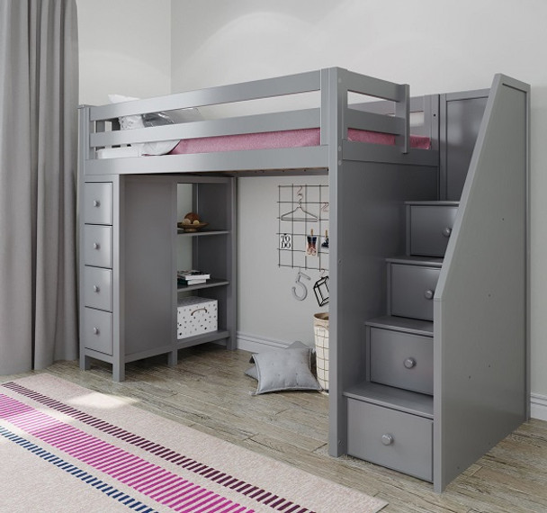 Almere Gray Twin Loft Bed with Stairs Room