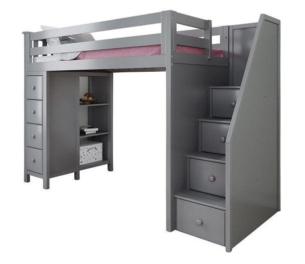 Almere Gray Twin Loft Bed with Stairs