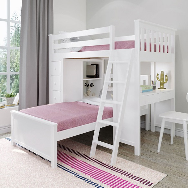 Chelsea White L Shape Loft Bed Right Side Angled View Room