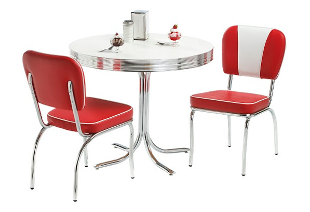 Soda Shoppe Retro Kitchen Table and Chairs shown with Matte White Formica Top and Baron Red Vinyl Chairs