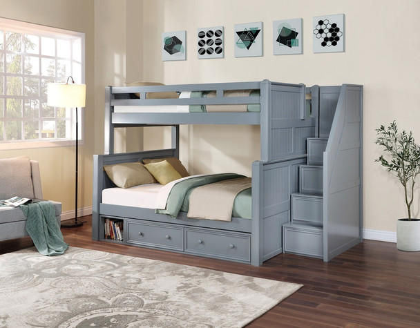 Kallista Dual Height Full over Queen Bunk Bed with Stairs shown with Underbed Storage Drawers Room-Grey Finish Kallista Dual Height Full over Queen Bunk Bed with Stairs shown with Underbed Storage Drawers Room-Grey Finish
