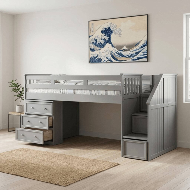 Moreno twin stairway low loft bed with storage shown with optional 3-drawer chest in grey