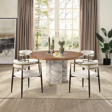 Included Harvey DN06135 table with four beige Jaramillo DN02142 chairs. Decorative accessories excluded.