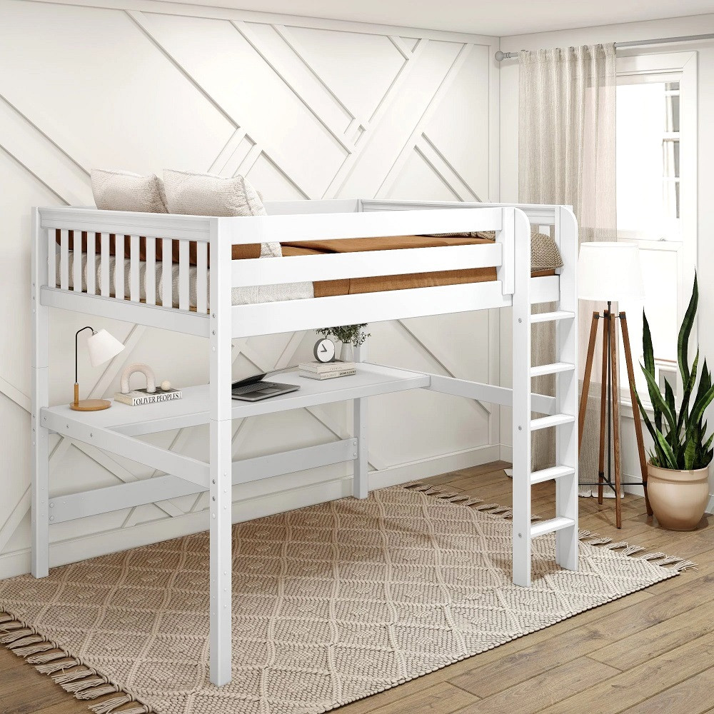 Lily White Queen loft bed with long desk board and front ladder