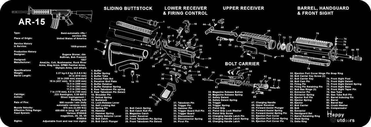 Long AR15 Gun Cleaning Bench Mat with Rifle Parts List Non-Slip 12" x 36" NEW