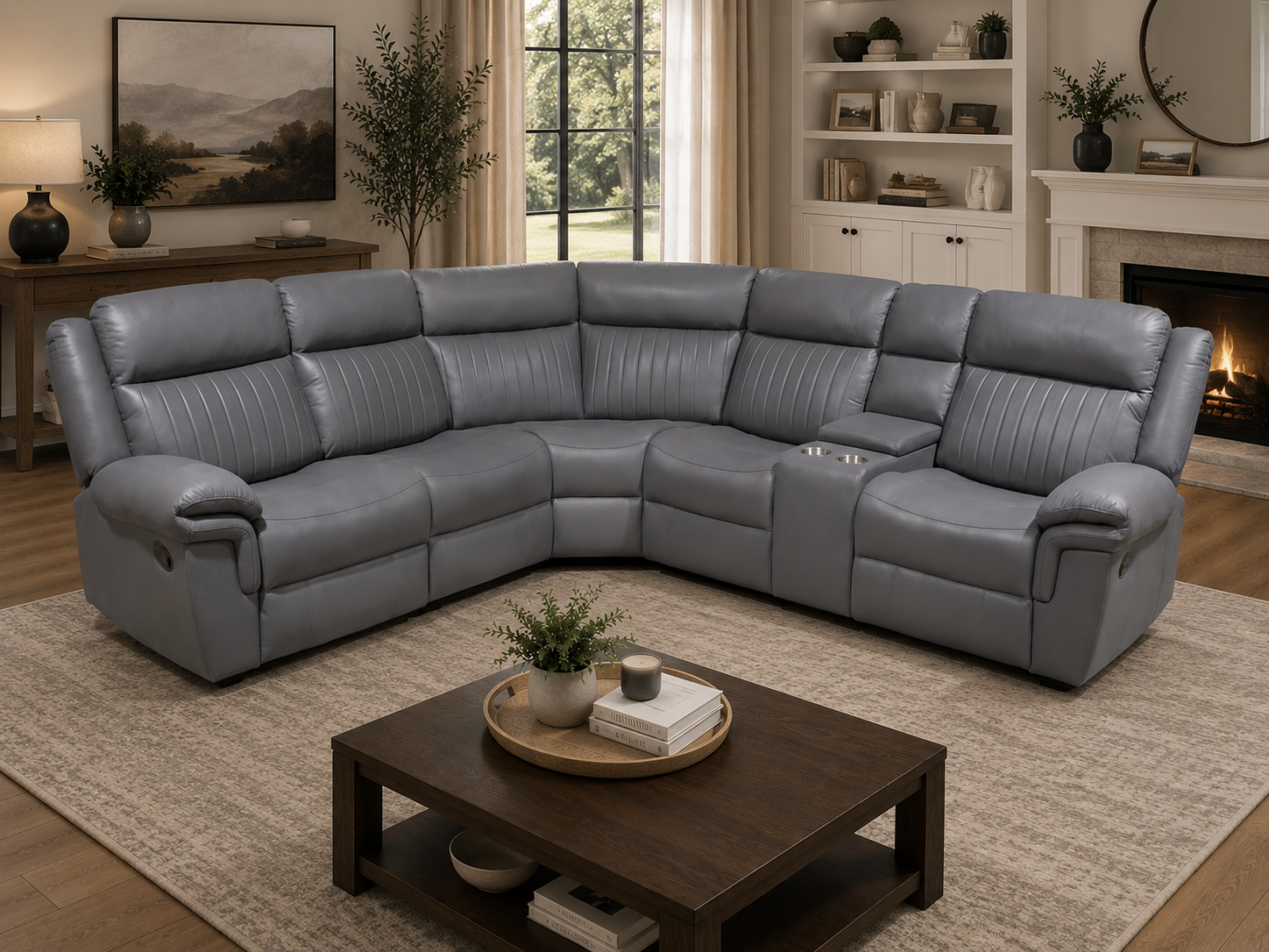 Bless Techno Fabric Corner 4 Seater Recliner with Cupholders Charcoal #7025-AR792-13