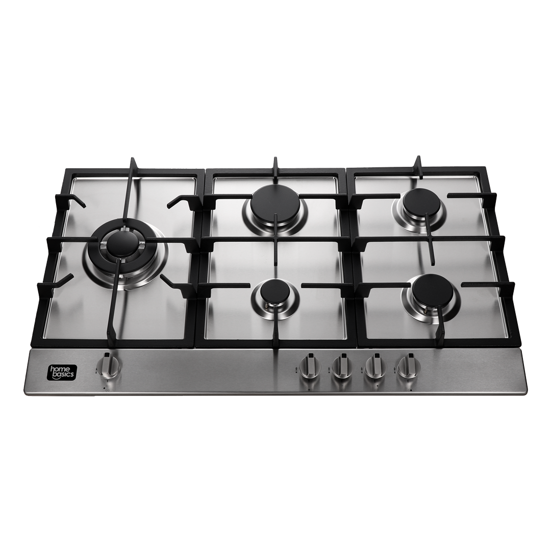 Home Basics 5B Gas Hob Glass Top 8mm Stainless Steel