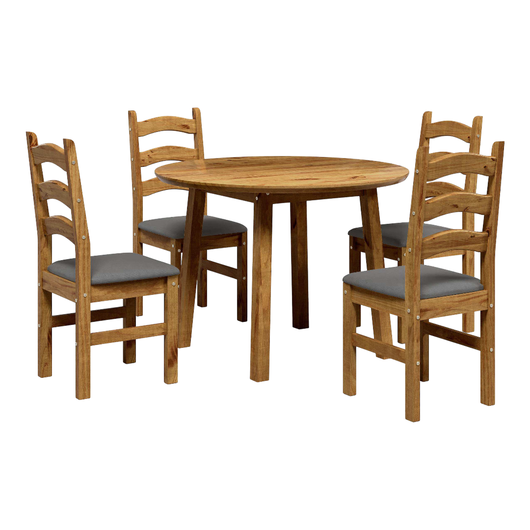 Tabulae Irlanda Solid Wood Round Dining Set 5pc L900 x W900 x H750mm Verniz Nogueira