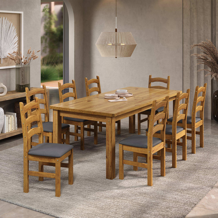 Tabulae Italia Solid Wood Dining Set 9pc Padded Chairs L2200 x W800 x H1000mm Verniz Nogueira