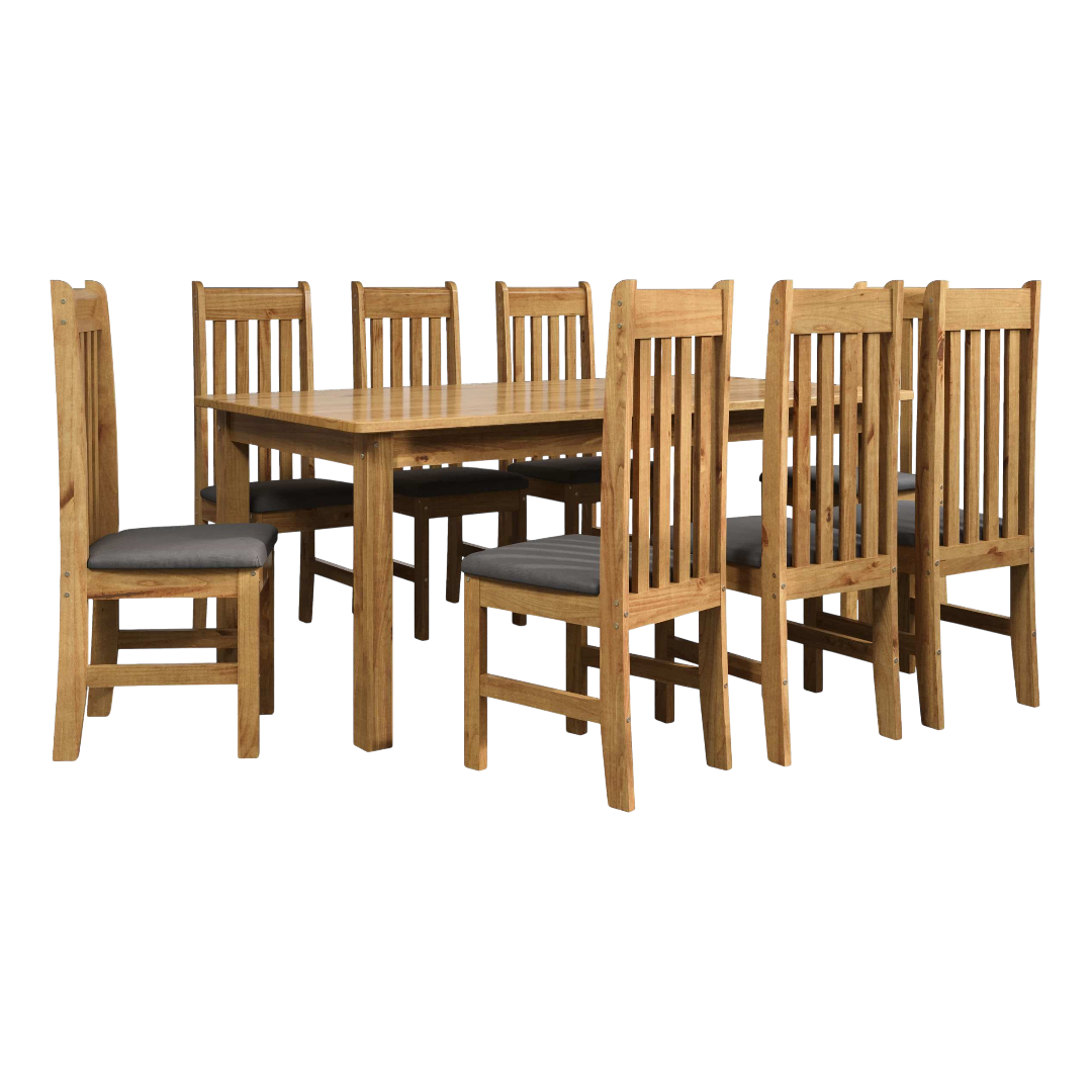 Tabulae Alemanha Solid Wood Dining Set 9pc Padded Chairs  L1800 x W900 x H750mm Verniz Nogueira