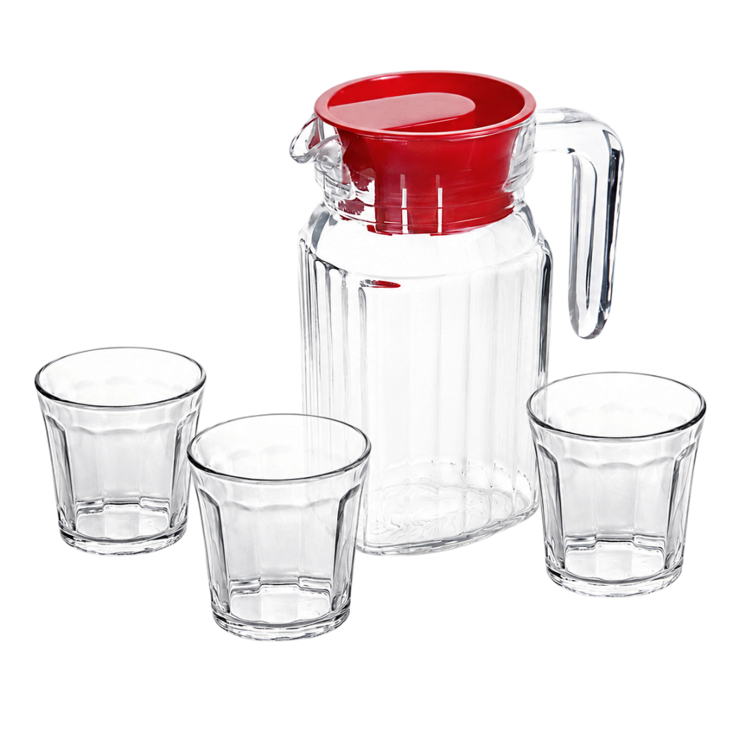 Kimglass Pitcher Set - 1pc 600ml Plastic Pitcher & 3pc 170ml Glass