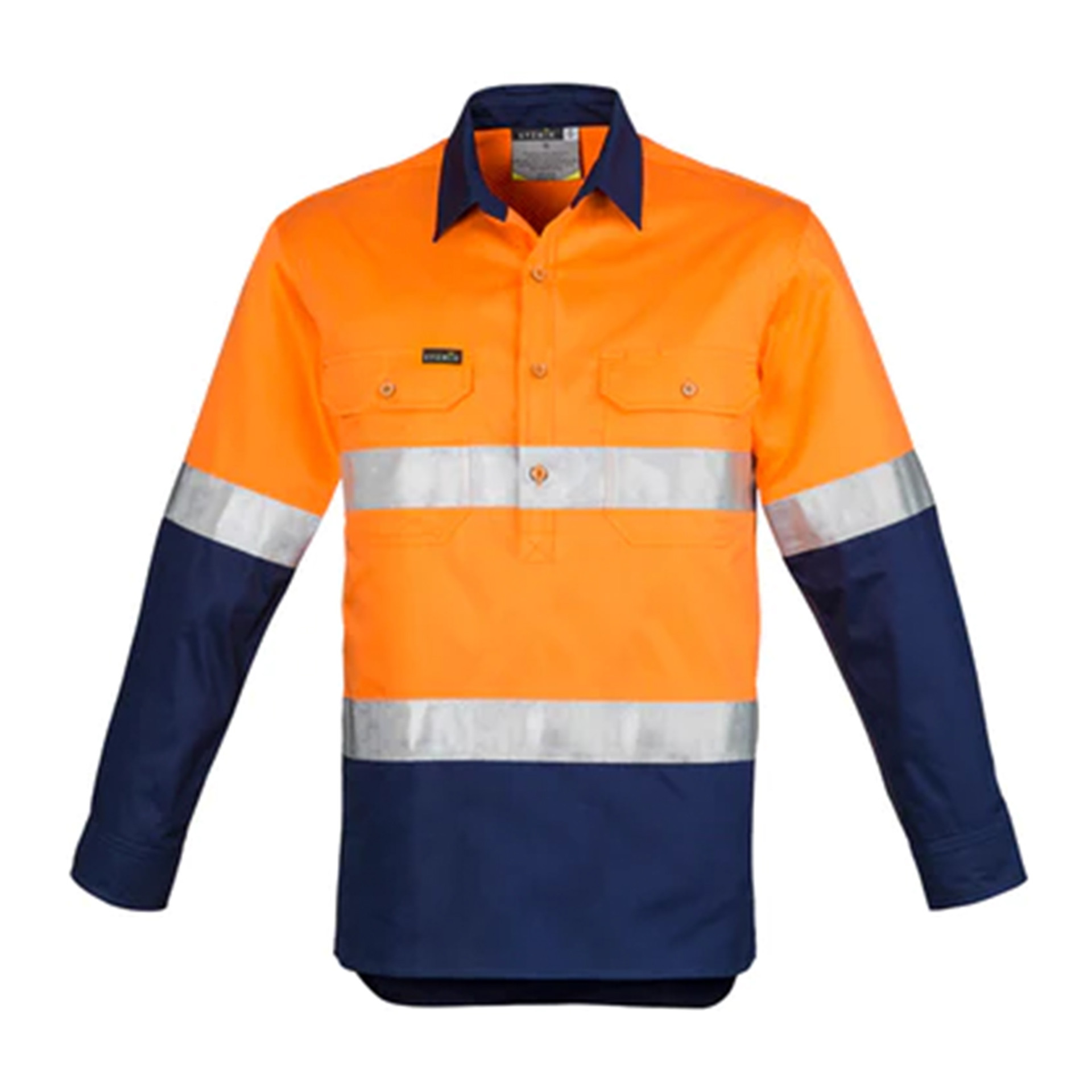 Syzmik Mens Hi Vis Shirt Hoop Taped L/S 100% Cotton Twill 170gsm Orange/Navy IND M