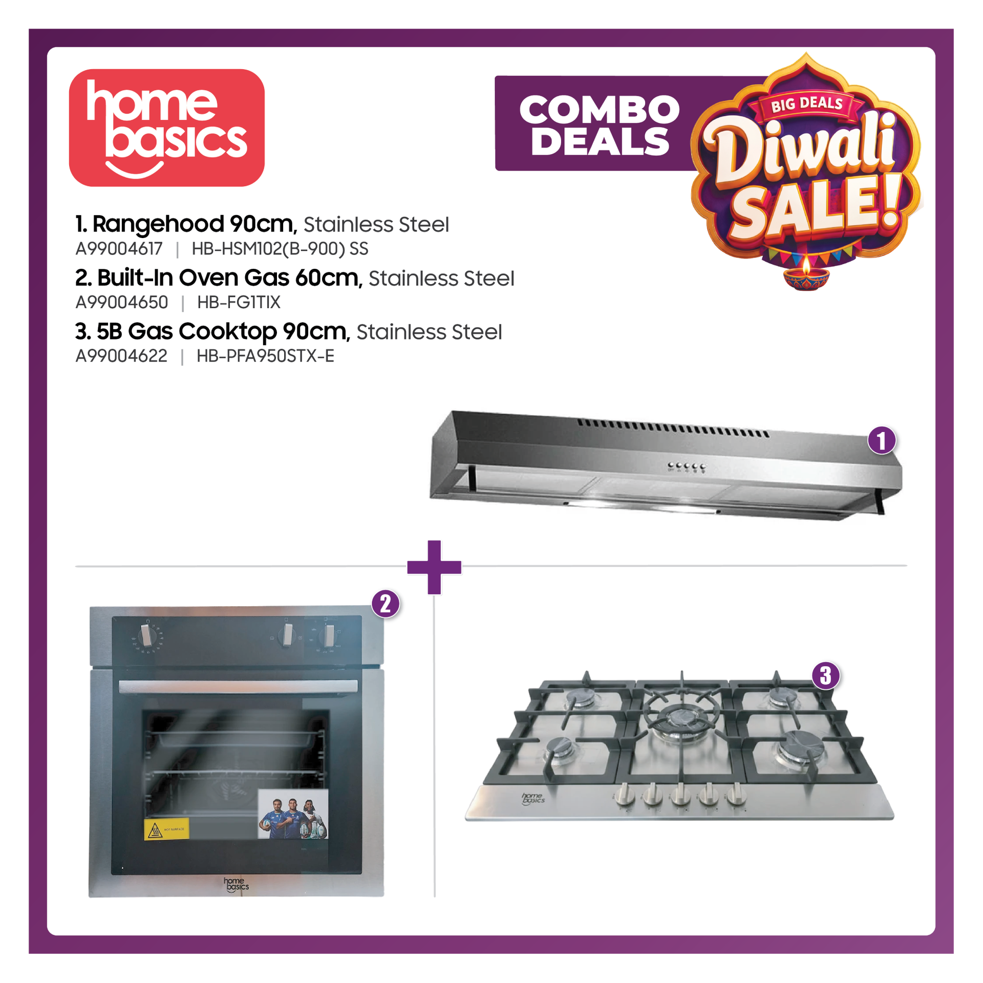 Home Basics 90cm Kitchen Combo – Rangehood, 5 Burner Gas Cooktop & 60cm Built-In Gas Oven
