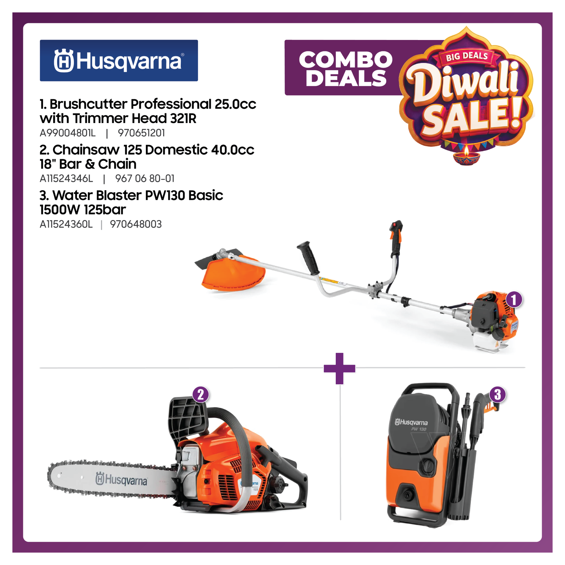 Husqvarna Property Care Combo – 321R 25cc Brushcutter, PW130 Pressure Washer & 125 Chainsaw 18"