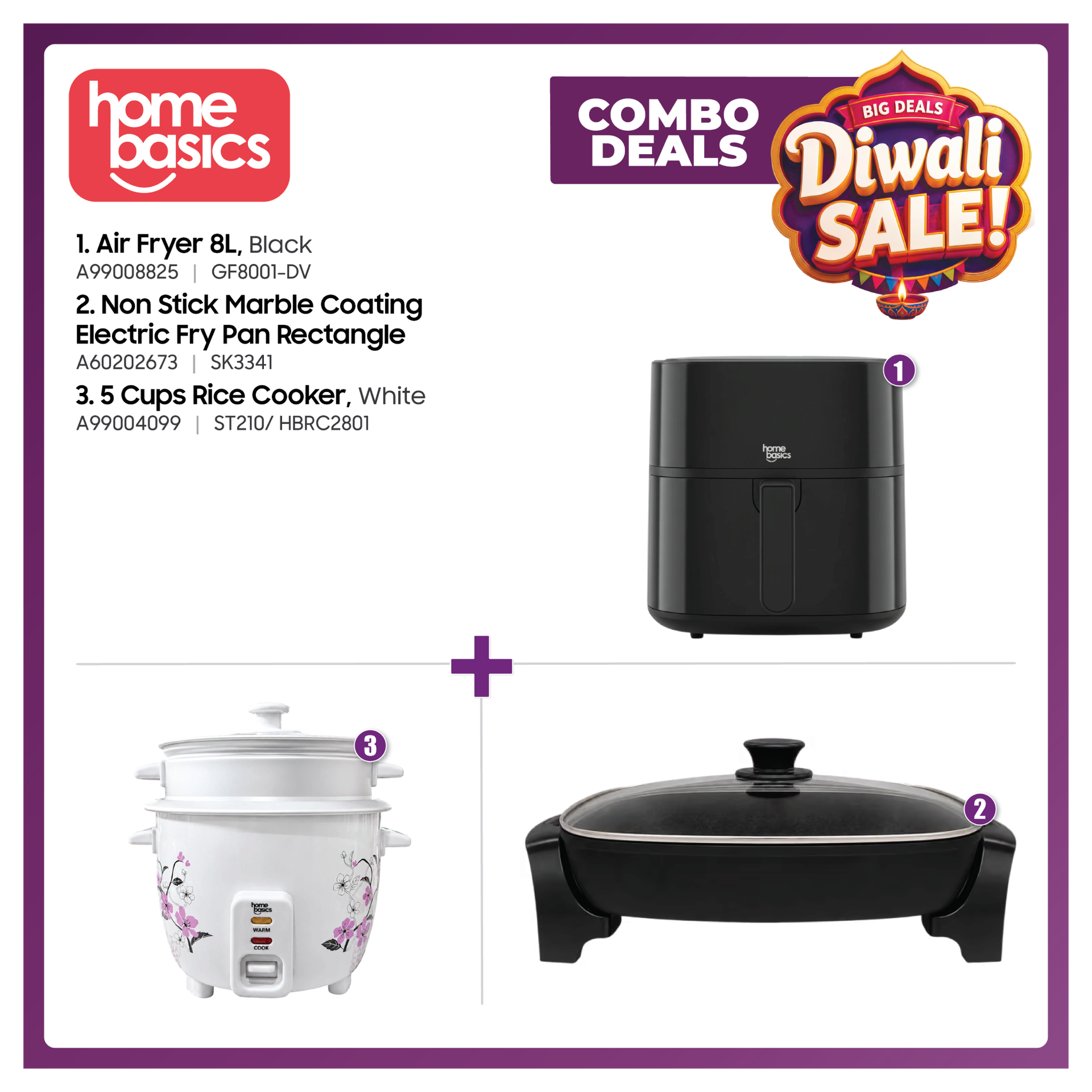 Home Basics Easy Meals Combo – 8L Air Fryer, Marble Coated Electric Fry Pan & 5 Cup Rice Cooker