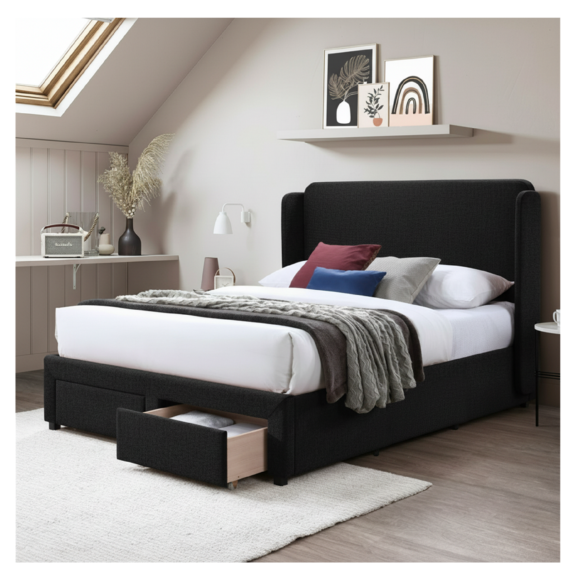 Hampton King Bed with Bottom Drawers L1980 x W1830mm Black Two Tone #Thor