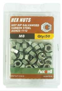 Accord Nuts Hex Galv M8 (50pk)
