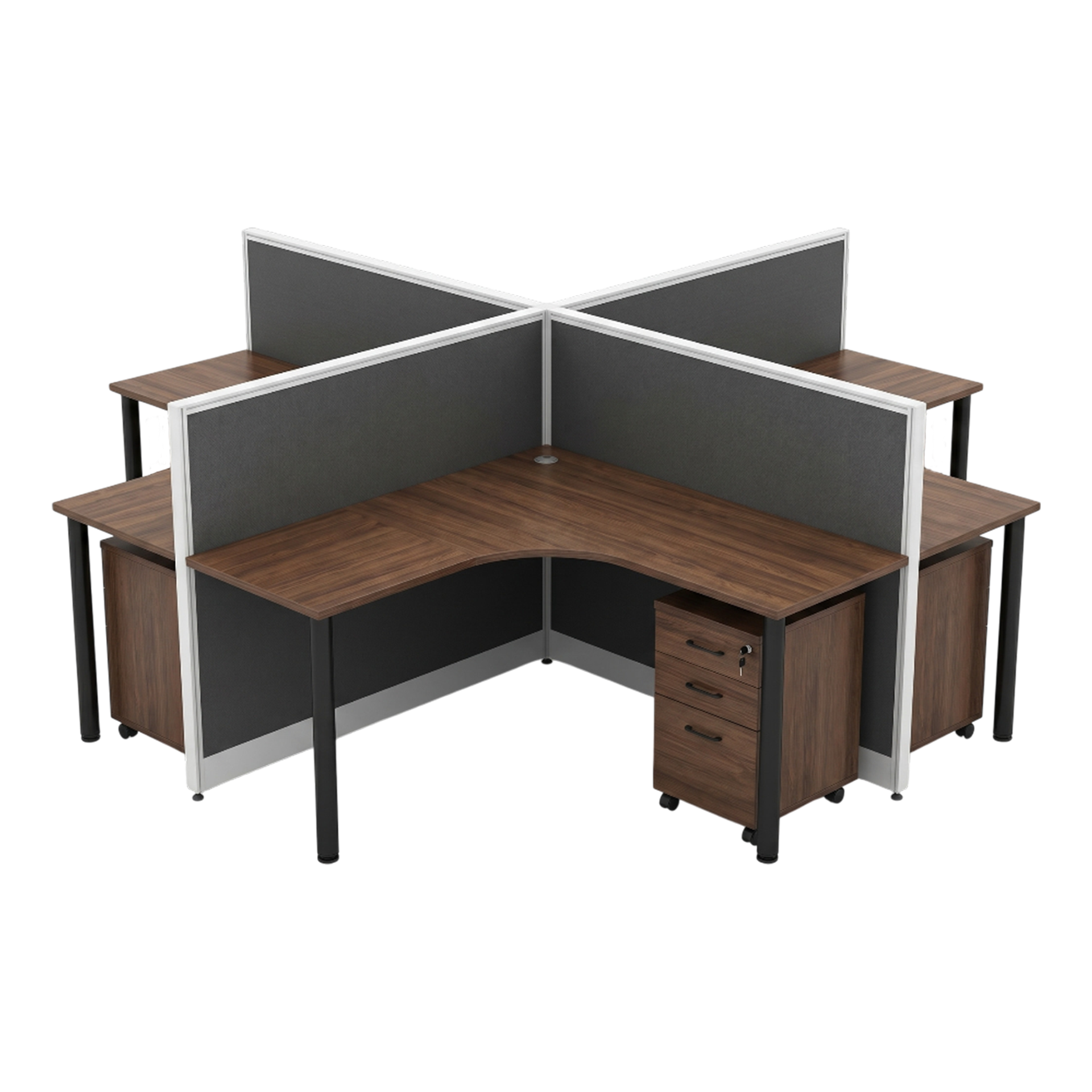 Wiltex 4 Way Workstation with 4 Mobile Pedestals L2800 x W2800 x H1200mm Walnut #P45-2800