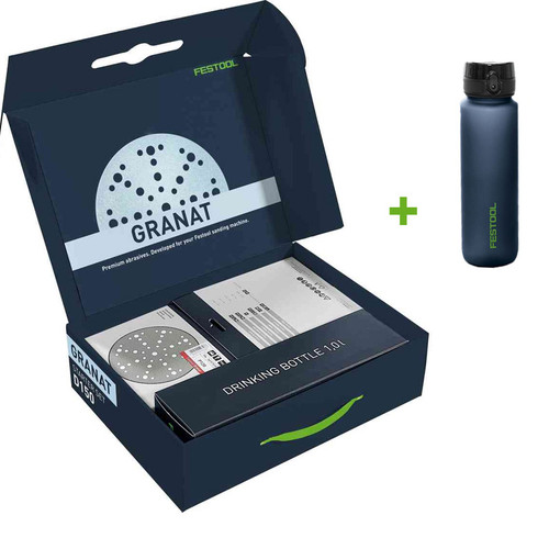 Festool schuurschijvenset granat 60 stuks Ø 150 mm korrel 60/80/120/180/220/320 - met gratis Festool drinkfles 