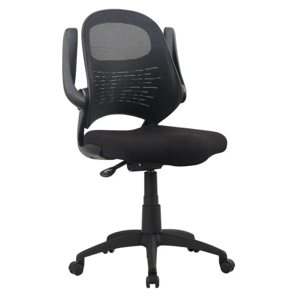 Sit-and-stand typist chair upholstered in black fabric without arms, front view.