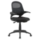 Sit-and-stand typist chair upholstered in black fabric with arms, front view.