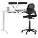 Sit-and-stand typist chair upholstered in black fabric with arms, at a computer desk.